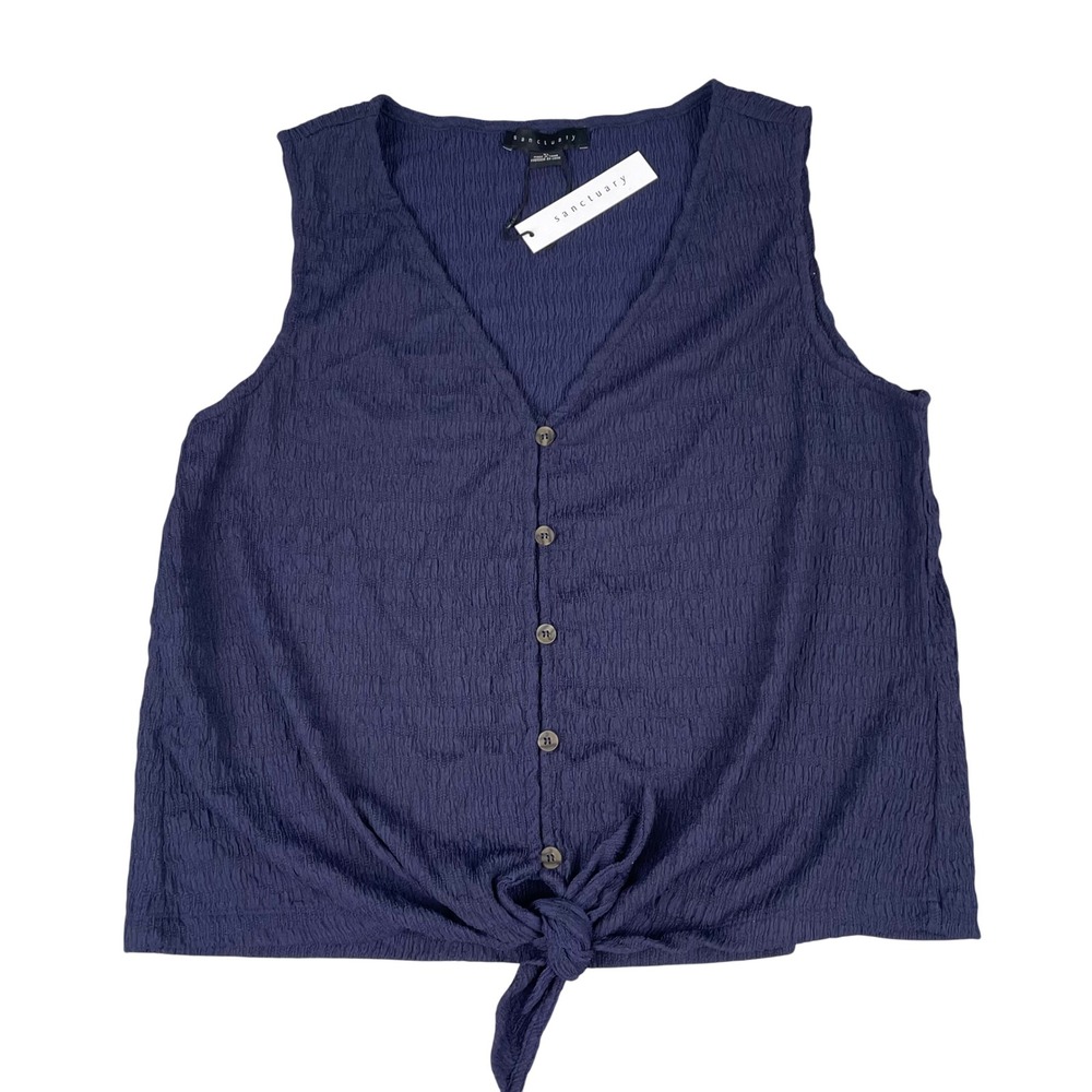 Sanctuary Womens Smocked Button Front Tie Hem Tank Top Navy Blue XL NWT
